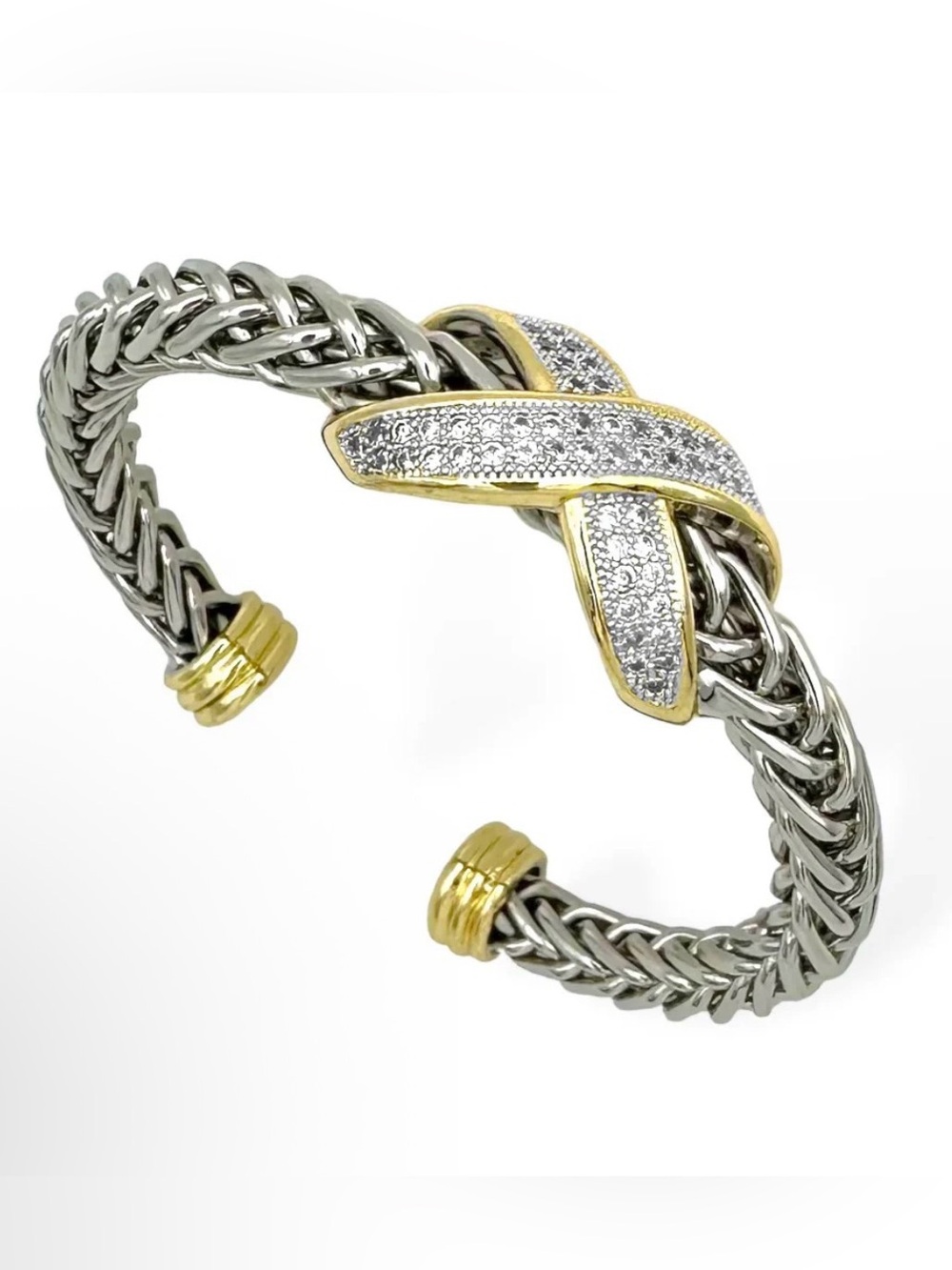 Two-Tone Woven Silver Pavé Infinity/X Cuff